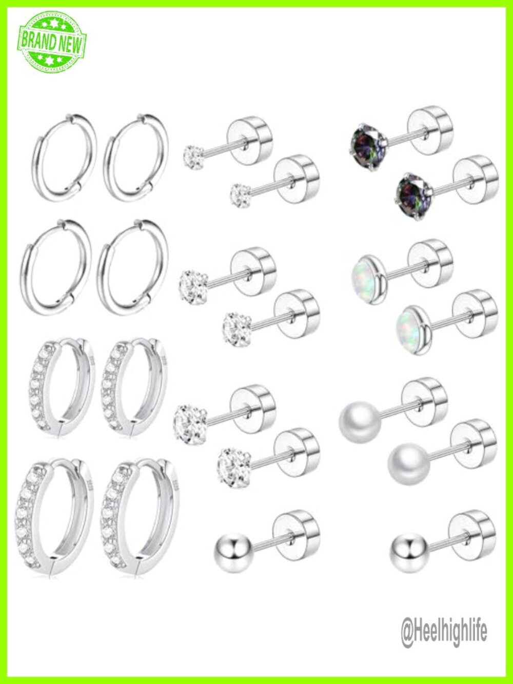 Surgical Steel Flat Back Earrings Set Sterling Silver CZ Huggie Hoop Studs for